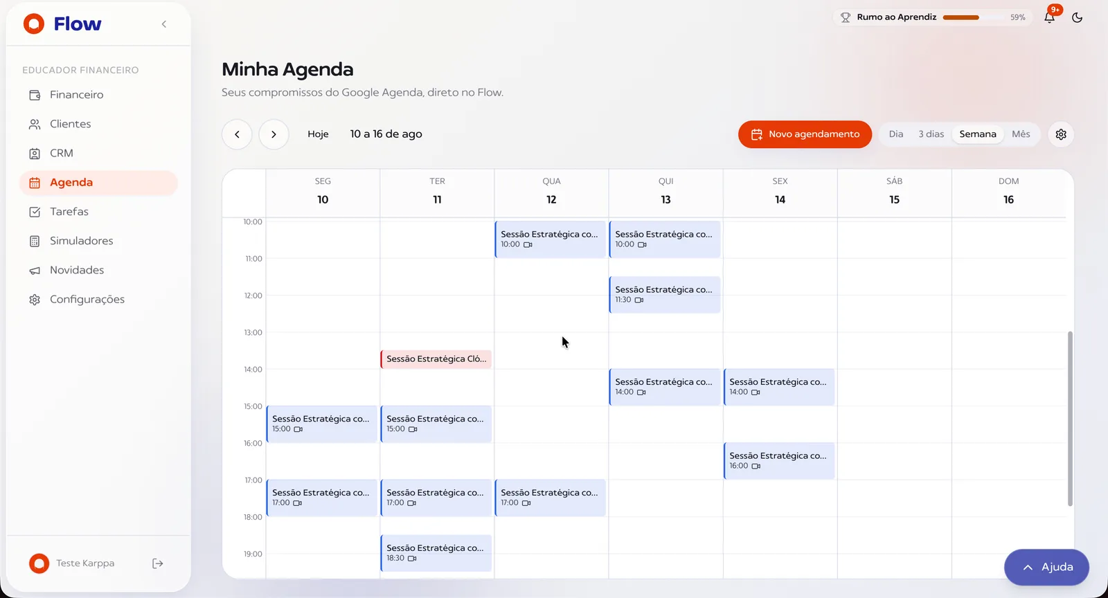 Tela de Agenda do Karppa Flow, com a semana de compromissos do educador vinda do Google Agenda