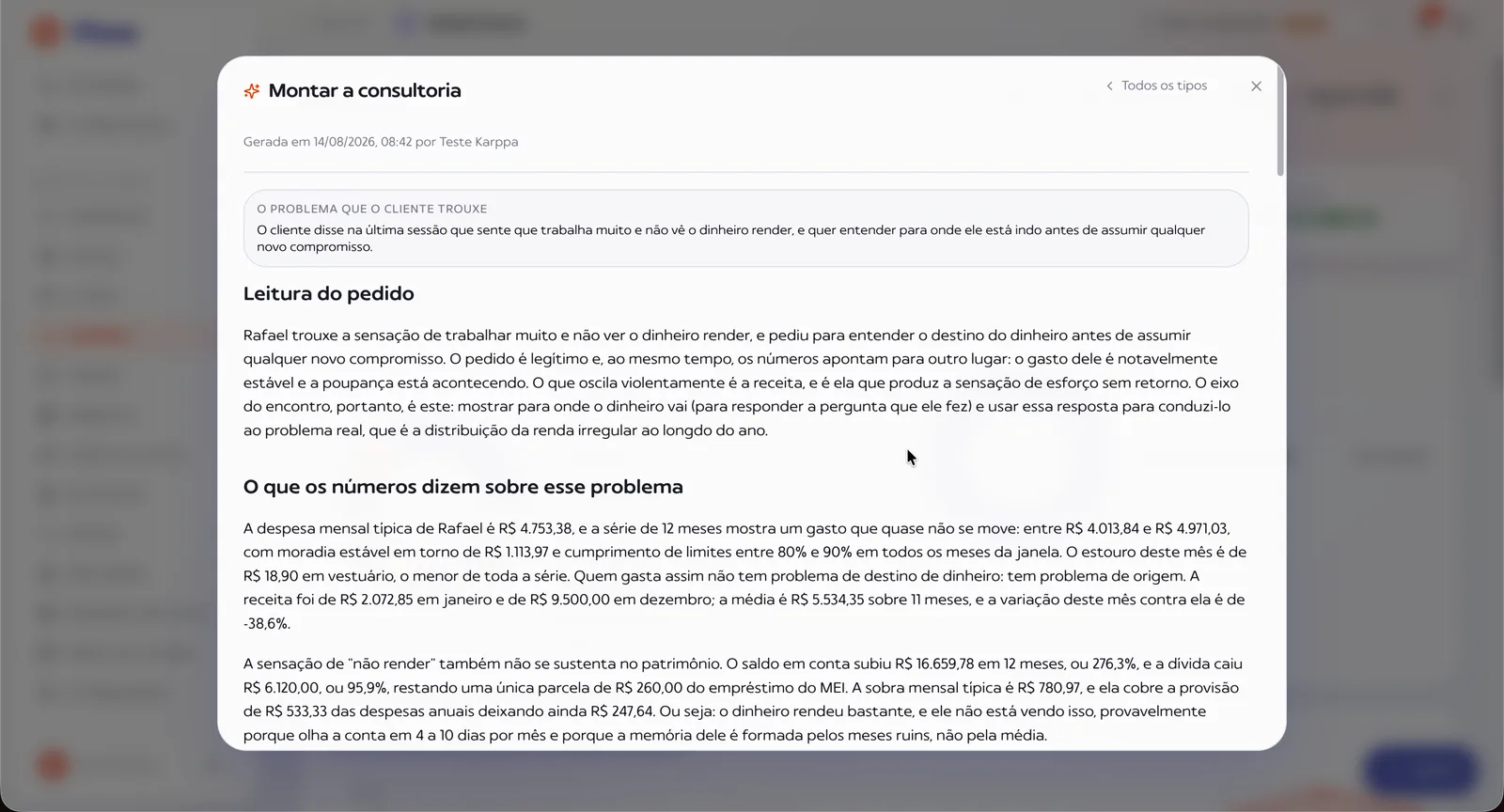 Análise gerada pela Karppa IA no Karppa Flow, com a leitura do cliente escrita para o educador revisar