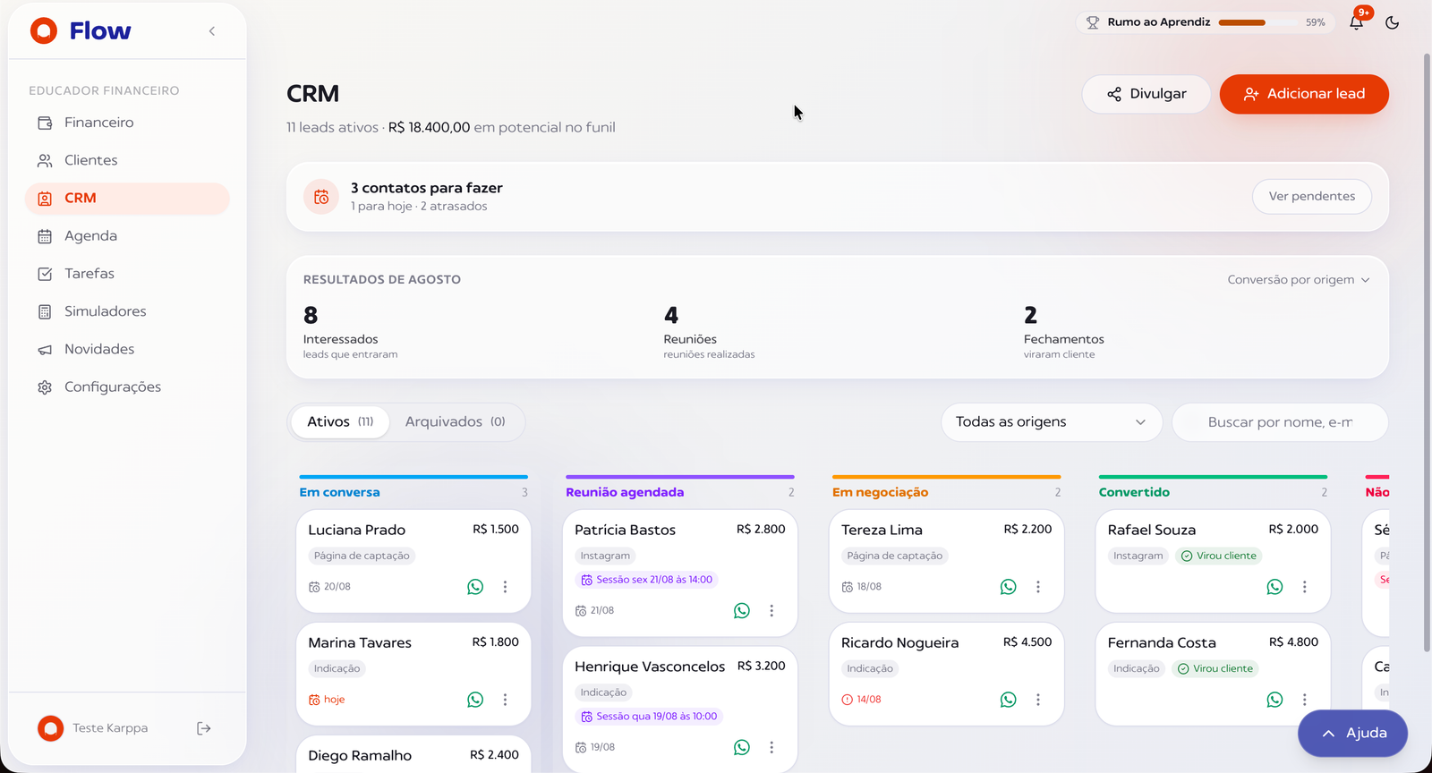 Tela de CRM do Karppa Flow, com o funil de captação em cinco etapas