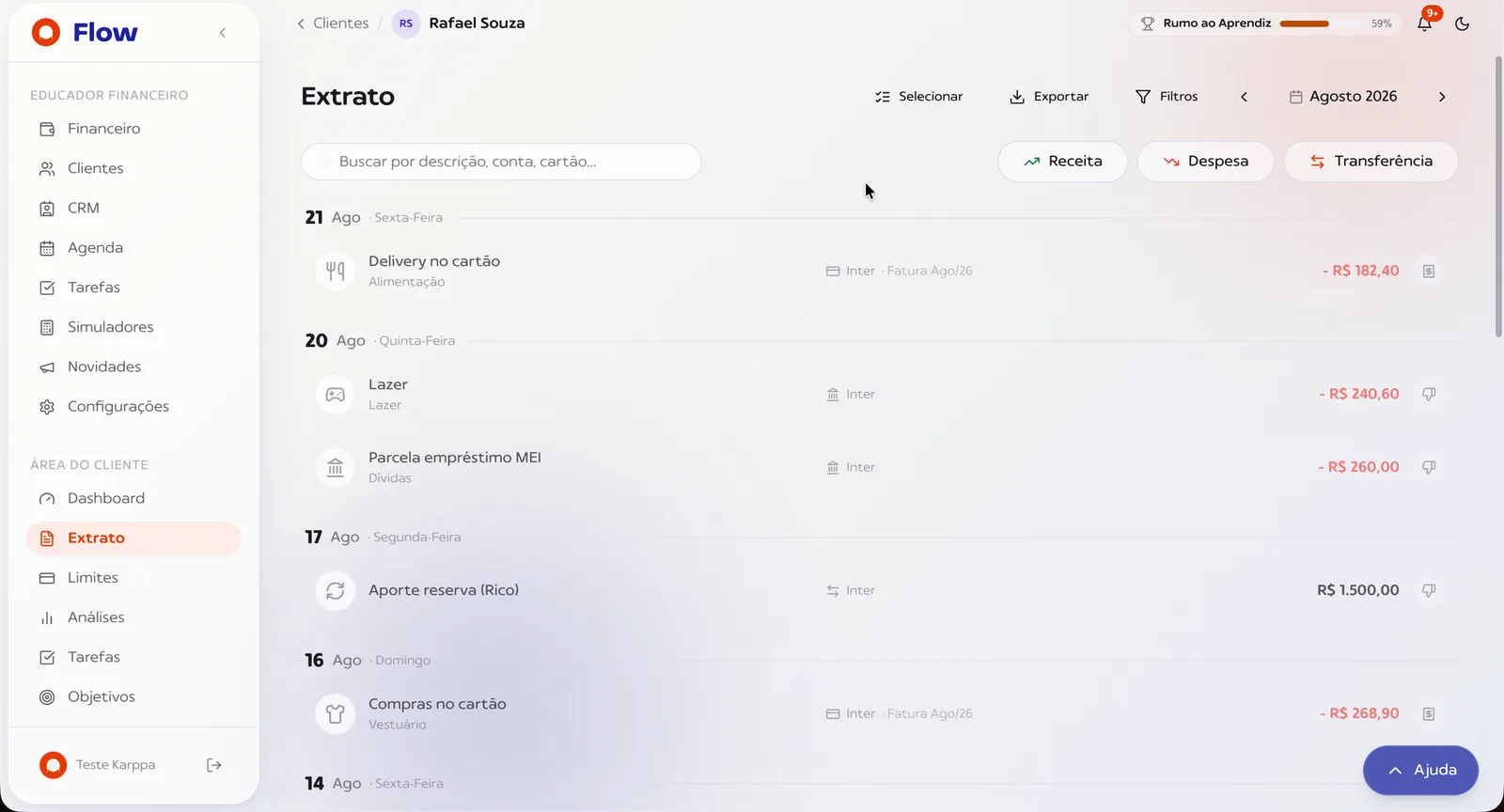 Tela de extrato do Karppa Flow, com os lançamentos do cliente organizados por dia depois da importação